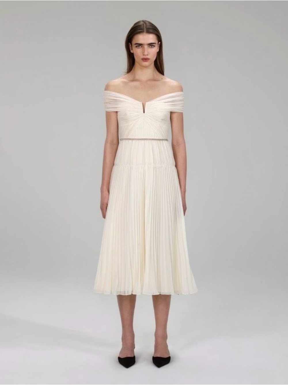 Self-Portrait Off-Shoulder Cream Pleated Midi Dress